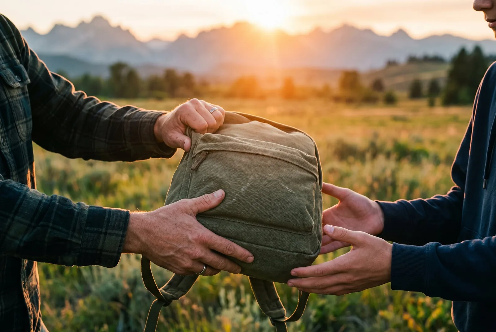An adult's hands passing an olive backpack to a young person's hands at sunset, mountains behind