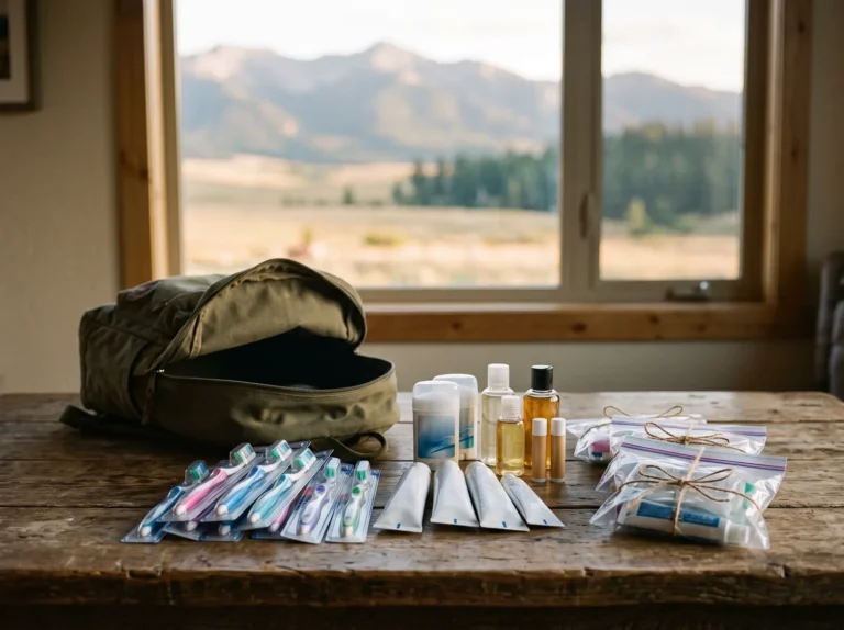 New toothbrushes, toothpaste, deodorant and travel-size shampoo laid out beside an olive backpack on a wooden table