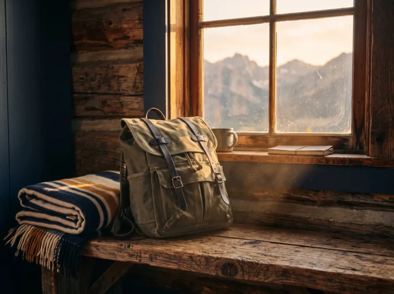 A canvas backpack on a cabin bench beside a folded wool blanket, mountains in the window