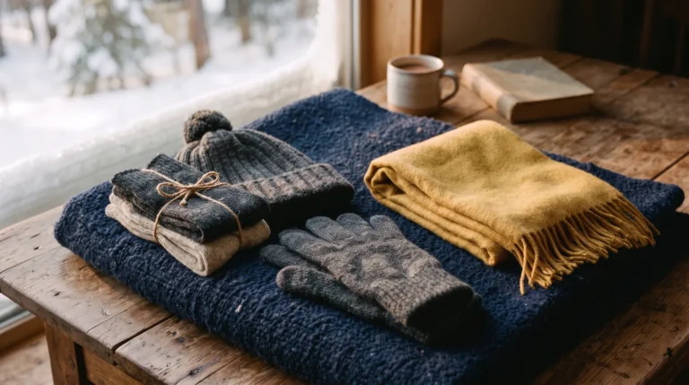 A knit hat, wool gloves, a yellow scarf and a bundle of wool socks tied with twine on a navy blanket
