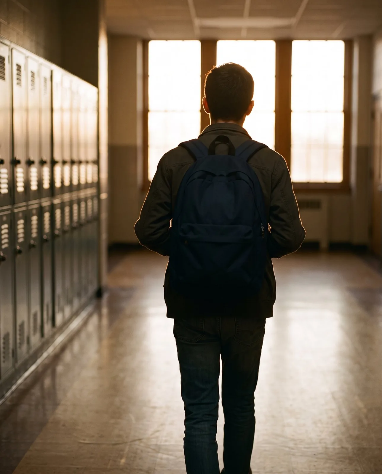 A teenager with a backpack walking down a sunlit school hallway