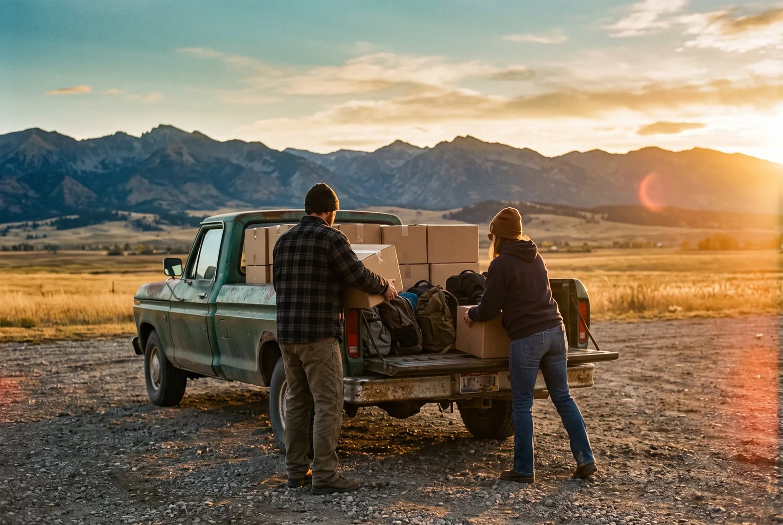 Two volunteers loading boxes and backpacks into a pickup truck at golden hour, mountains behind