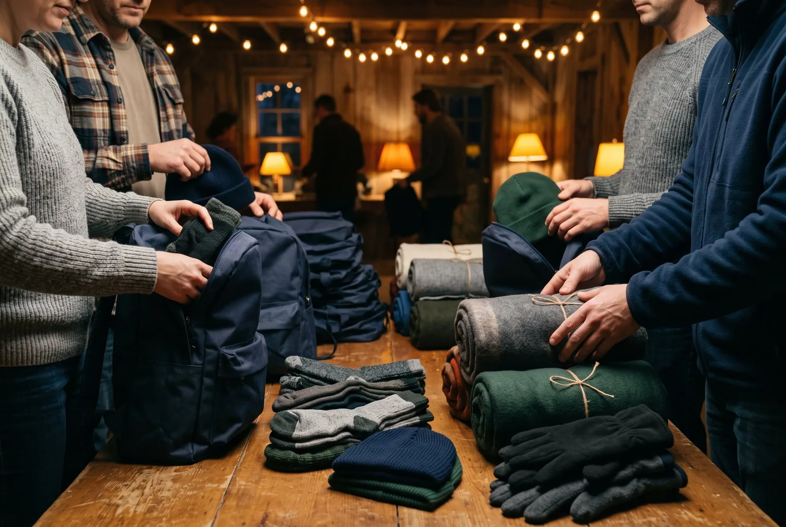 Volunteers' hands filling backpacks at a long table under string lights